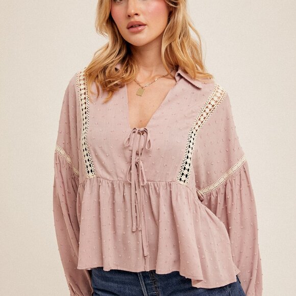 HEM & THREAD Mauve Swiss Dot Lace Trim Blouse, Boho Peasant Top with Tie Front - Picture 4 of 5